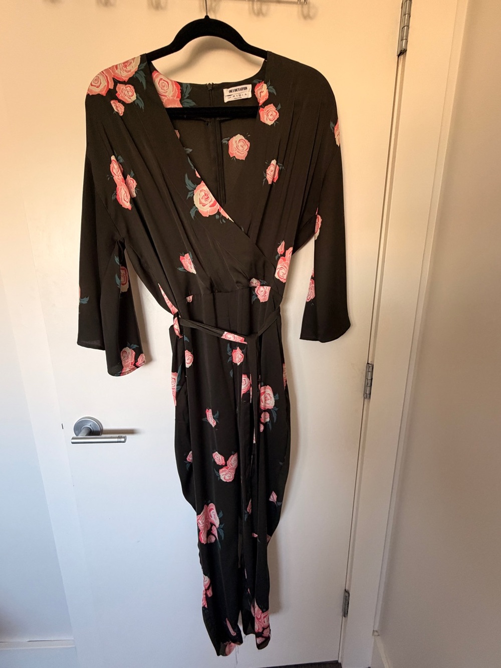 One Teaspoon Black Floral Wrap-Style Jumpsuit with Pink Roses
